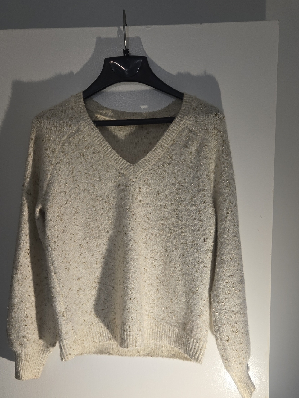 LOFT Cream Bouclé V-Neck Sweater with Subtle Gold Fleck